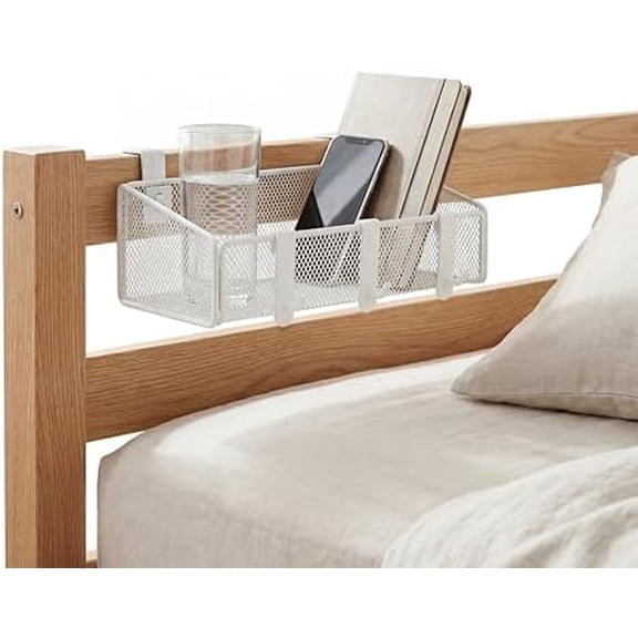 Bedside Shelf for Bed & Bunk Bed Storage Basket Office Cubical Wall Hanging Organizer - 5 Different Size Hooks - College Dorm Home Office Essentials for Phone,Book,Drink,Tissue (White)