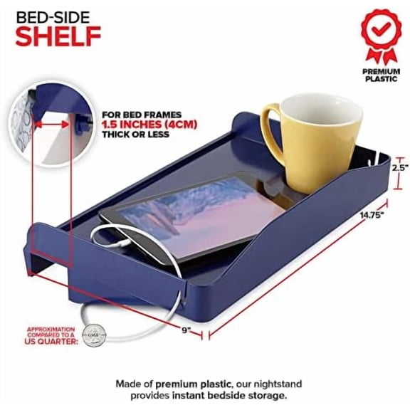 Bedside Shelf for Bed, College Dorm Room, Bunk Bed Shelf for Top Bunk, Clip On Nightstand Tray with Cord and Cup Holder, Bunkbed Caddy for Table Storage (Navy)