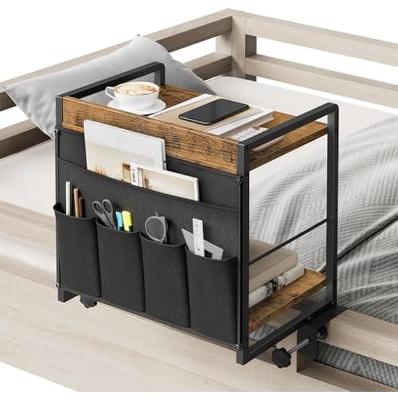 Bedside Shelf, Bunk Bed Shelf with Fabric Pockets Storage, Clip-on Loft & Bunk Bed Tray Shelf for College, Nightstand for Sofa, Bedroom, Apartment, Rustic Brown and Black ET20BR