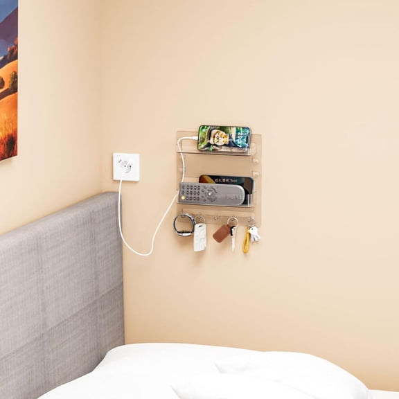 Bedside Shelf for Dorm Bed,Rv,Small Room and Nightstand,Wall Mounted Floating Shelves and Bedside Wall Organizer for Remote,Phone Holder,Charging Shelf,Cute Bedroom Decor for College Girl,Clear