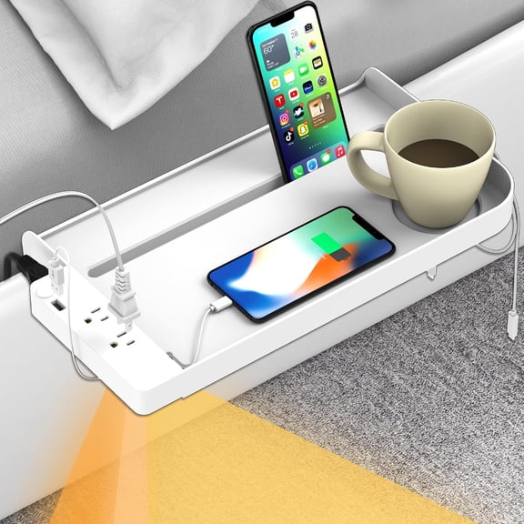 Bedside Shelf for Dorm Bunk Bed with USB Charging Port and 2 AC Outlets, Bedside Caddy, Attachable Bedside Table, College Dorm Essential Clip On Bedside Tray, Bunk Bed Accessories, Bedroom Furniture