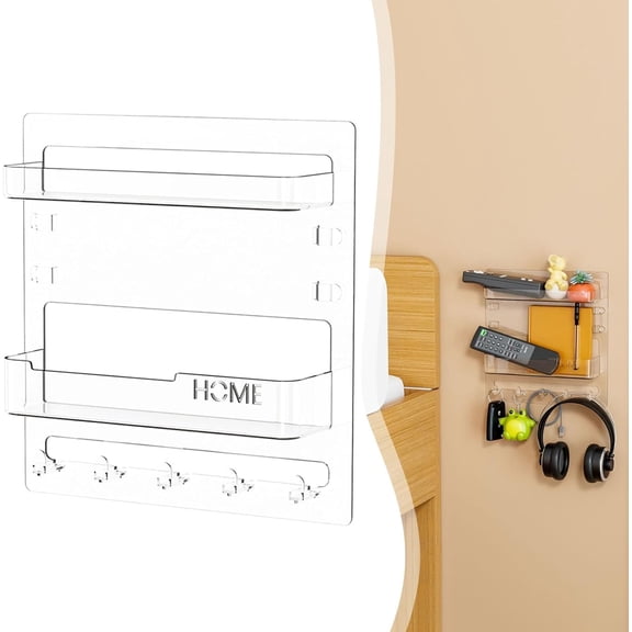 Bedside Shelf Wall Mount, No Drilling Wall Nightstand with 5 Hooks and Cable Clips, Floating Shelf for Phone Remote Headphones, Dorm Room RV (Transparency, 23x24cm)