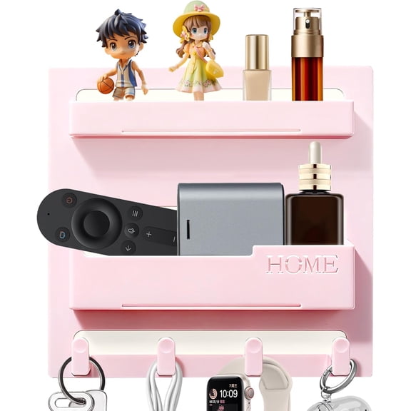 Bedside Shelf Wall Mount,Floating Bedside Adhesive Shelves Accessories,Wall Shelf Organizer and Storage for Bedroom,Camper,Dorm,Apartment-Phone,Earphone,Kindle,Remote Holder,Cable Clip,4 Hooks-Pink