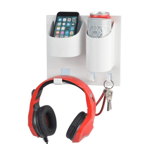 Bedside Shelf Wall Mounted Dorm Room Rack Organizer with Headset Stand Hanger,Drink Holder and Small Hooks-Use for Bedroom,Bathroom to Hold Remote,Glass,Cellphone,Beer,Solo Cup(Vertical Type / White)