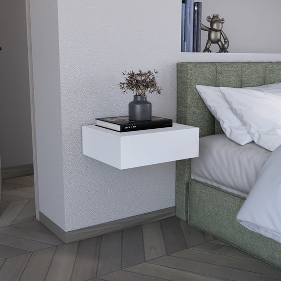 Bedside Shelf With Drawer In White - Streamlined Bedroom Look Modern Floating Nightstand Add A Touch Of Elegance To Your