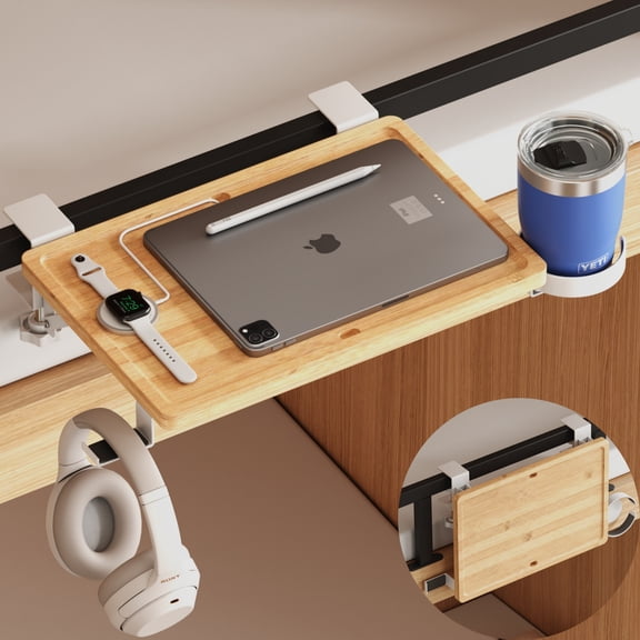 ROGE Bedside Shelf Wood, Foldable Clip-On Bed Side Table for Top Bunk with Rotatable Cup Holder, Hooks, College Dorm Room Essentials
