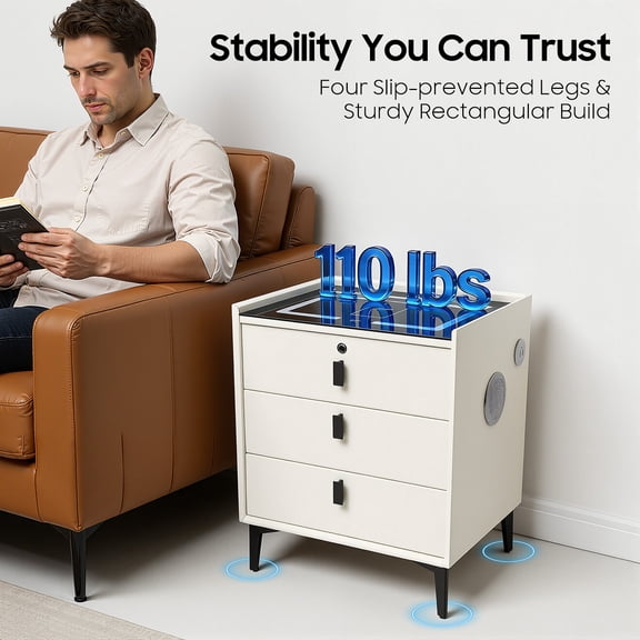 Bedside Side Table, Smart Bedside Table, Smart Bedside Table with Drawers, Three-color Light, USB&Wireless Charging, Fingerprint Lock, and Bluetooth Speaker 50*40*59cm/19.69*15.75*23.23in