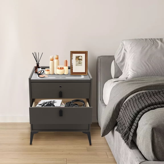 Bedside Side Table, Smart Bedside Table, Smart Bedside Table with Drawers, Three-color Light, USB&Wireless Charging, Fingerprint Lock, and Bluetooth Speaker 50*40*59cm/19.69*15.75*23.23in