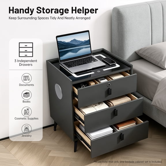 Bedside Side Table, Smart Bedside Table, Smart Bedside Table with Drawers, Three-color Light, USB&Wireless Charging, Fingerprint Lock, and Bluetooth Speaker