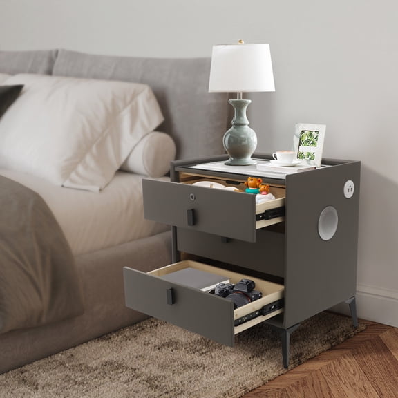Bedside Side Table, Smart Bedside Table, Smart Bedside Table with Drawers, Three-color Light, USB&Wireless Charging, Fingerprint Lock