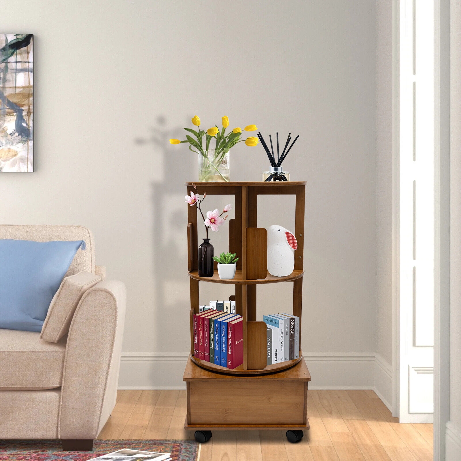 Bedside Spin Rotating Bookshelf, 2 Tier Bamboo Bookshelf Bookcase with ...