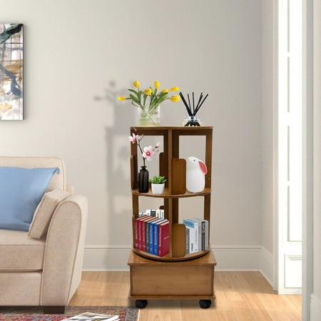 Bedside Spin Rotating Bookshelf, 2 Tier Bamboo Bookshelf Bookcase with a Drawer Bedroom Standing Bookshelf w/Wheels Book Storage Organizer for Bedroom Living Room