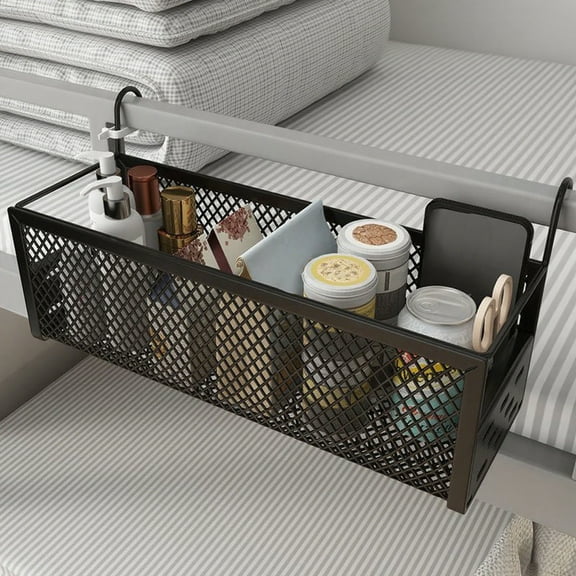 Bedside Storage Basket - Iron Hanging Organizer Dorm Room Caddy Space Saving Shelf-Free Mount College Essentials Phone Book Holder(Black)