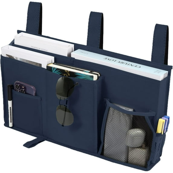 Bedside Storage Caddy, Dark Blue Bed Organizer Bed Storage Pocket Bedside Organizer Hanging Bed Storage Caddy for College Dorm Room, Hospital Bed Rails, Baby Bed, Camp
