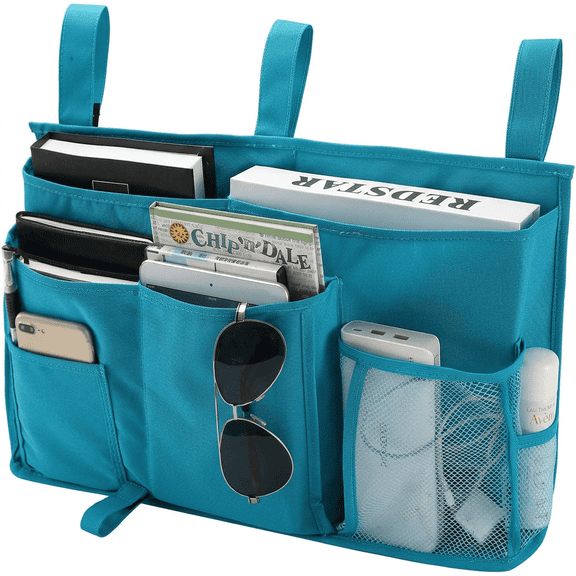 Bedside Storage Caddy, Dorm Bed Caddy Multifunctional Bedside Organizer Hanging Bed Storage Pocket, Bunk Organizer with Multi-Pocket for Dorm Room, Camp, Hospital Bed Rail, Light Blue
