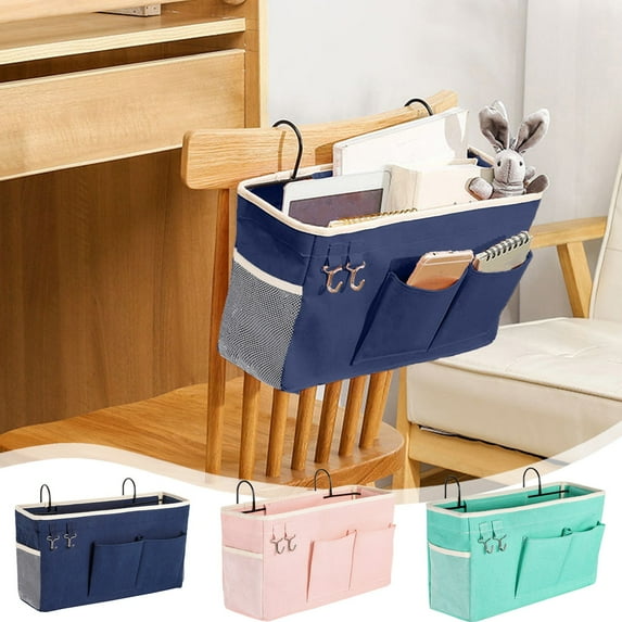 Bedside Storage Organizer for Bunk Beds, Dorms - Large Blue Plastic Hanging Caddy with Multiple Pockets, 14x7.5x4.5 Inches, Easy Install, Holds Tablets, Books, Phones - Versatile Bedside Basket