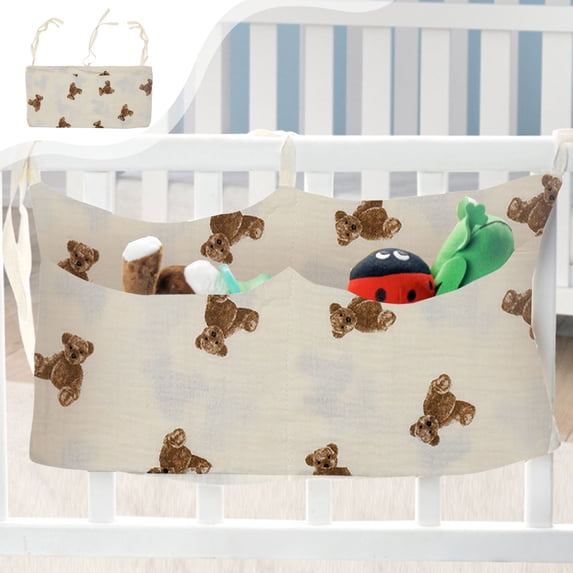 Bedside and Stroller Organizer, Double Layer Fabric Hanging Storage Caddy with Pockets, Printed Bottle Holder, Beige Multifunctional Bag for Home Travel