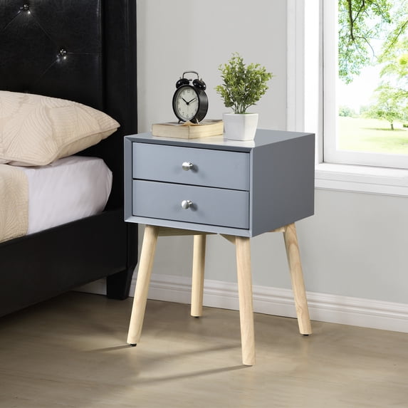 Bedside Table with 2 Drawer and Rubber Wood Legs, Modern Storage Cabinet Nightstand with Button Handle for Bedroom Living Room Furniture, Easy Assembly, Space Saving, Gray