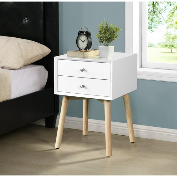 Bedside Table with 2 Drawer and Rubber Wood Legs, Modern Storage Cabinet Nightstand with Button Handle for Bedroom Living Room Furniture, Easy Assembly, Space Saving, White