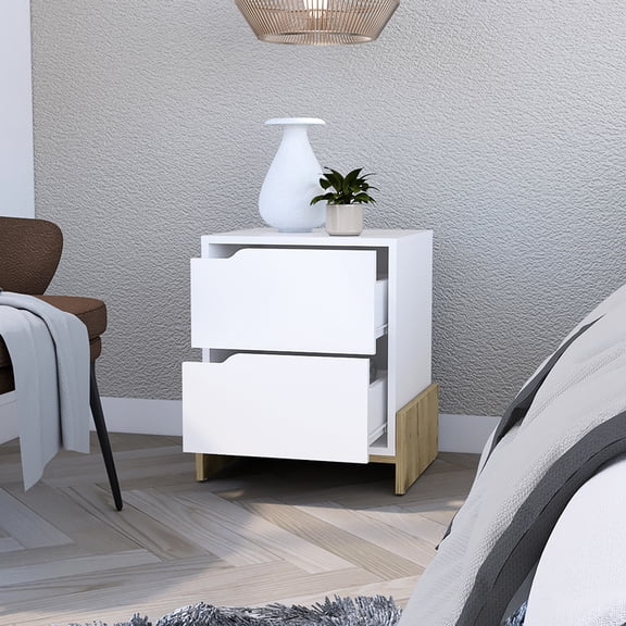 Bedside Table - 2 Large Drawers, White / Finish Double Drawer Nightstand , Foundation,