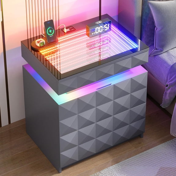 Bedside Table with Charger Station and RGB Lights, Nightstand with 3 Drawers and Sliding Top, Modern Night Stand with Human Body Sensor for Bedroom & Living Room, Grey