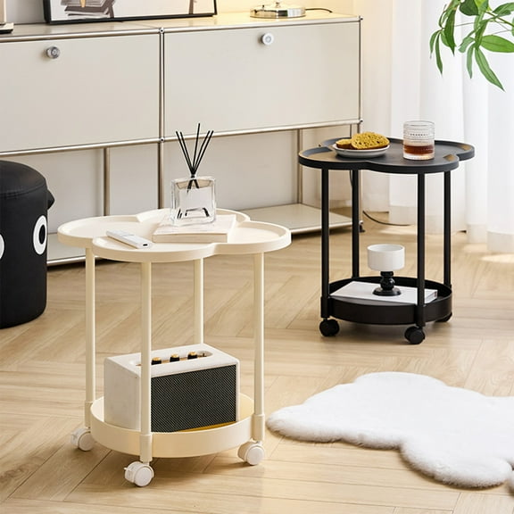 Bedside Table with Double Layer Storage | Rolling Mini Side Cabinet with Wheels | Plastic End Table for Bedroom, Living Room, Sofa | Open Shelf Design | Black or White | 49x47.5cm