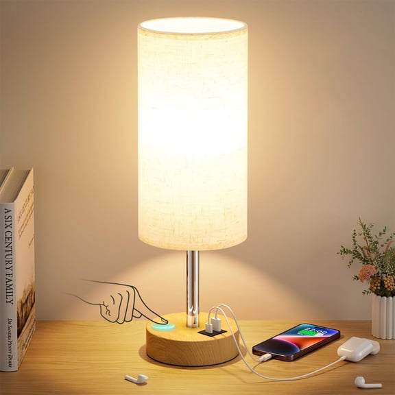 Bedside Table Lamp, 3-Way Dimmable Touch Control with USB-C & AC Outlet, Modern Nightstand Lamp for Bedroom