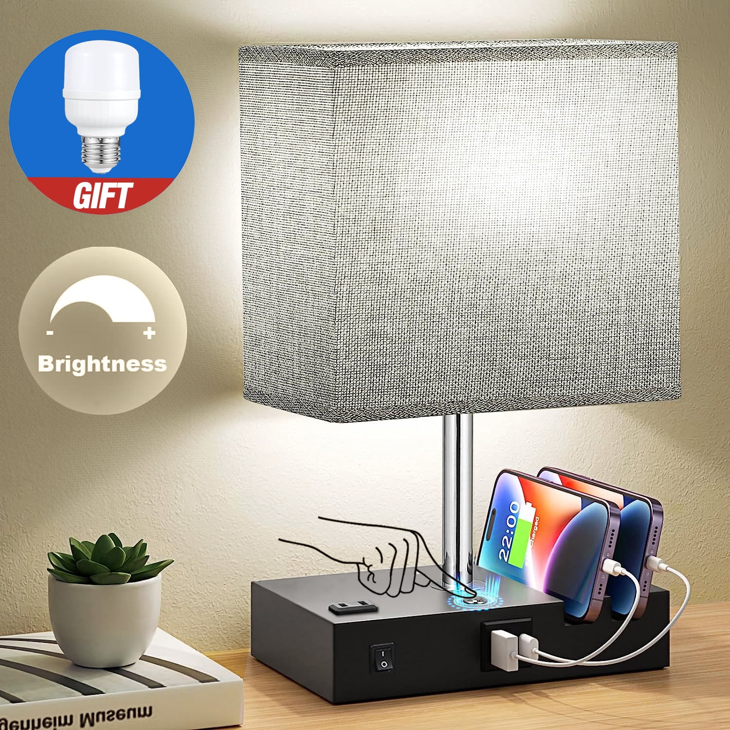 Bedside Table Lamp,BRC Nightstand Lamp with 2 USB Ports,AC Outlet Port