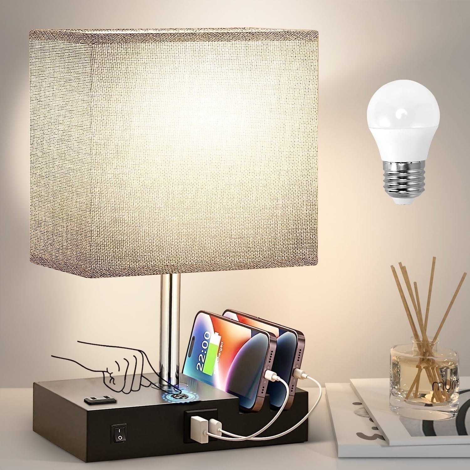 Bedside Table Lamp for Bedroom, Brochao Nightstand Lamp with AC Outlet Port, 2 USB Charging Ports & 2 Phone Stands, 3 Way Dimmable Touch Lamp for Living Room, Dorm, Office