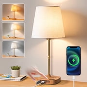 GPED Bedside Table Lamp for Bedroom, 3 Color Temperatures Cordless Bedside Lamp, 5 Way Dimmable Touch Table Lamp with USB Port, Rechargeable Desk lamp with Fabric Shade for Living Room