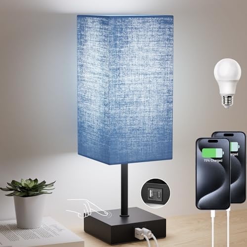 Bedside Table Lamp for Bedroom, 3 Way Dimmable Touch Lamp with USB C+A Charging Ports, Small Nightand Lamps for Bedroom Decor, Living Room, LED Bulbs Included, Upgraded Navy Blue