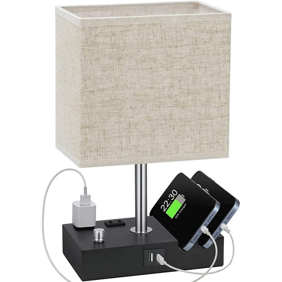 GPED Bedside Table Lamp for Bedroom with Dual Fast USB Charging Ports, Fully Dimmable Nightstand Lamps with 2 Phone Stands and 2 Charging Outlets, Desk lamp with Fabric Shade for Living Room