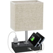 Bedside Table Lamp for Bedroom with Dual Fast USB Charging Ports, Fully Dimmable Nightstand Lamps with 2 Phone Stands and 2 Charging Outlets, Desk lamp with Fabric Shade for Living Room
