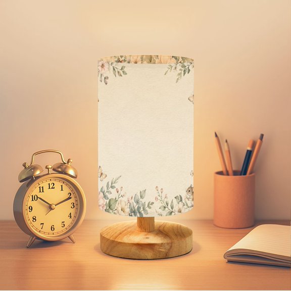 Bedside Table Lamp Floral Rabbit Mouse Border 16-Color Dimmable Small Desk Lamp Soft Spring Flowers Greenery Watercolor Nightstand Lamp with Linen Shade Wood Base for Bedroom Living Room Gift
