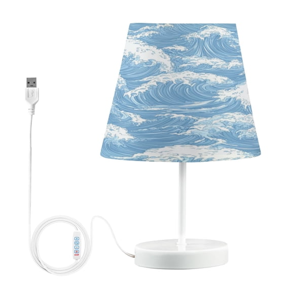 Bedside Table Lamp, Fully Dimmable Lamp with USB Interface Cable for Bedroom Living Room, Office, Dorm Light Blue Waves Pattern