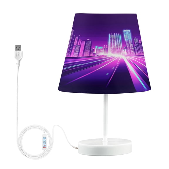 Bedside Table Lamp, Fully Dimmable Lamp with USB Interface Cable for Bedroom Living Room, Office, Dorm Purple City Skyline