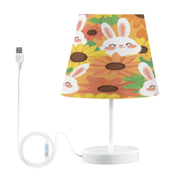 Bedside Table Lamp, Fully Dimmable Lamp with USB Interface Cable for Bedroom Living Room, Office, Dorm Smiling Bunnies with Sunflowers