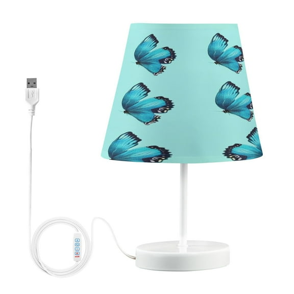 Bedside Table Lamp, Fully Dimmable Lamp with USB Interface Cable for Bedroom Living Room, Office, Dorm Turquoise Blue Butterfly Pattern