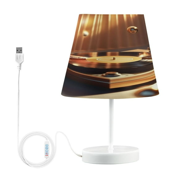 Bedside Table Lamp, Fully Dimmable Lamp with USB Interface Cable for Bedroom Living Room, Office, Dorm Vinyl Record Player Pattern