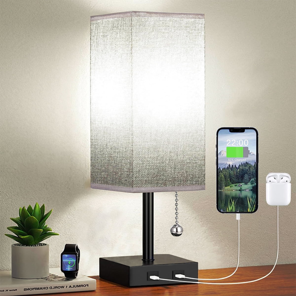 Bedside Table Lamp,Nightstand Lamp with 2 USB Charging Ports and Pull