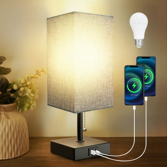 Bedside Table Lamp,Pull Chain Table Lamp with 2 USB Charging Ports, 2700K LED Bulb with Fabric Lampshade, Nightstand Lamps for Bedroom Living Room Study Dorm Home Office (LED Bulb Included),Gray