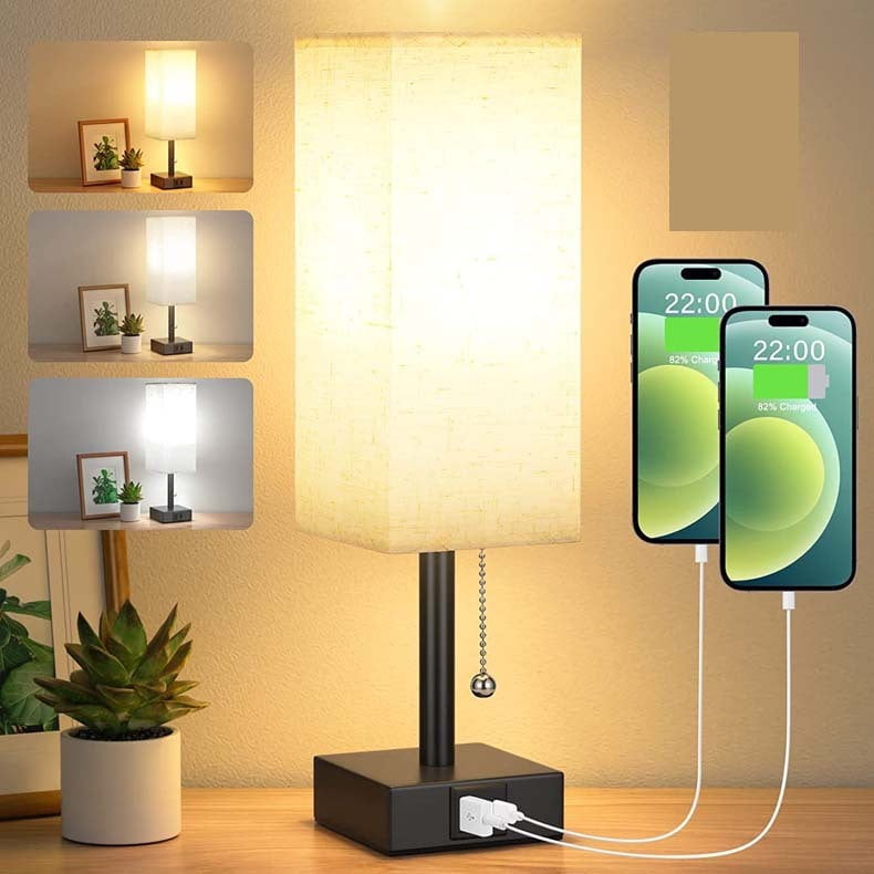 Bedside Table Lamp Pull Chain Table Lamp With USB C&A Fast Charging Port, AC Outlet, Solid Bedroom Lamps with Fabric Shade Nightstand Light for Living Room, Office, Reading (LED Bulb Included)