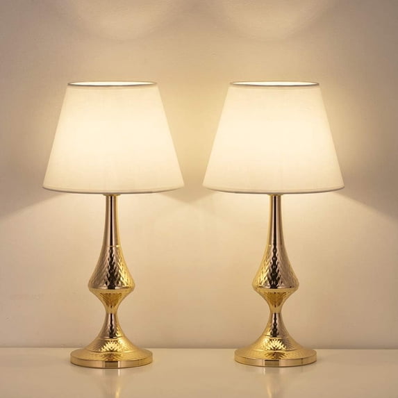Bedside Table Lamp (Set of 2) with White Fabric Display for Bedroom, office, Gold Base