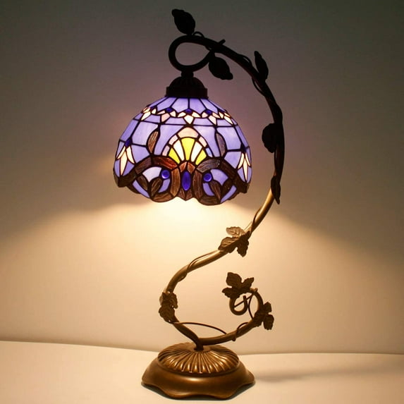 Bedside Table Lamp, Stained Glass Lamp Minimalist Tiffany Style Banker Desk Light with Metal Leaf Thin Base for Small Space of Living Room, Bedroom, Kids Room,Dorm, Dresser, Office(LED Bulb Included)