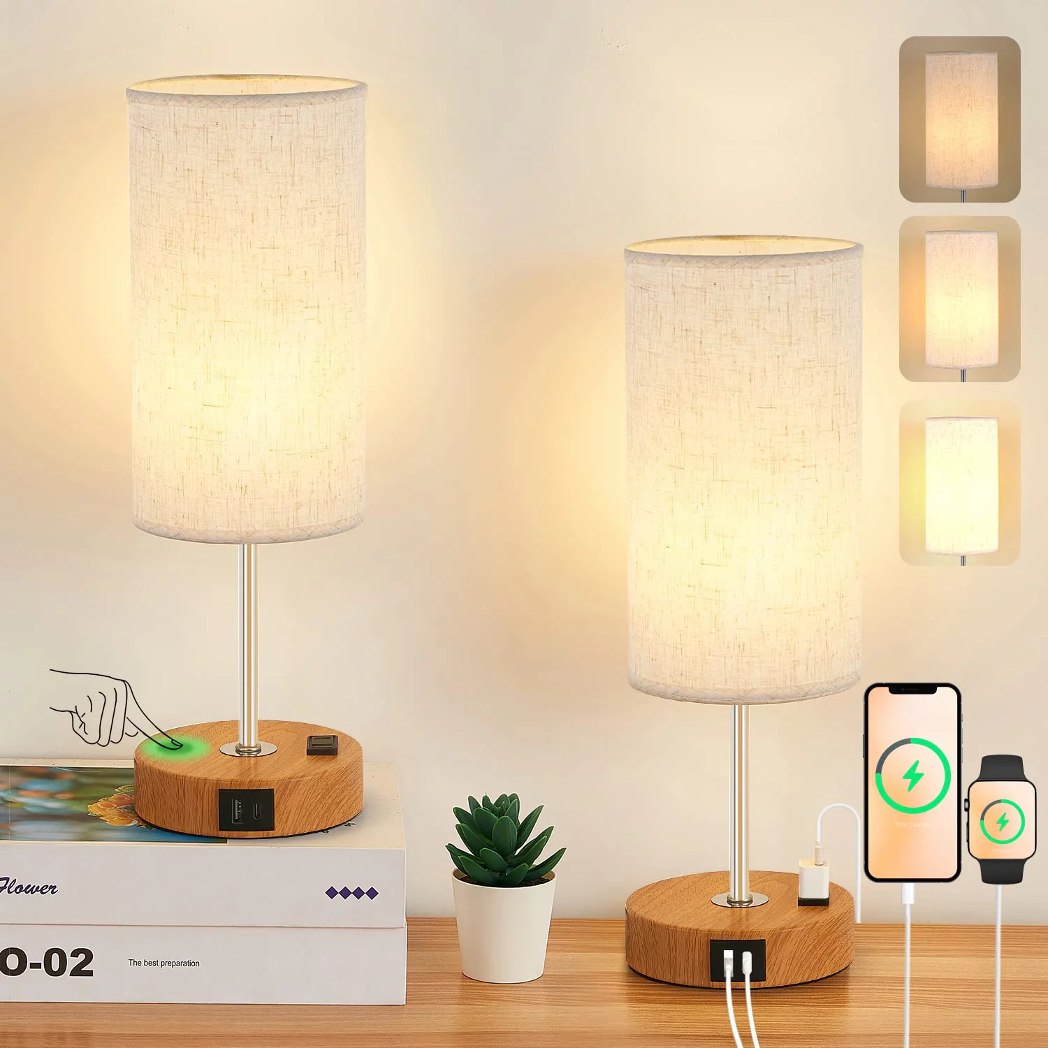 Bedside Table Lamp Touch Lamp with USB A+C Chargin Port and Outlet Wood