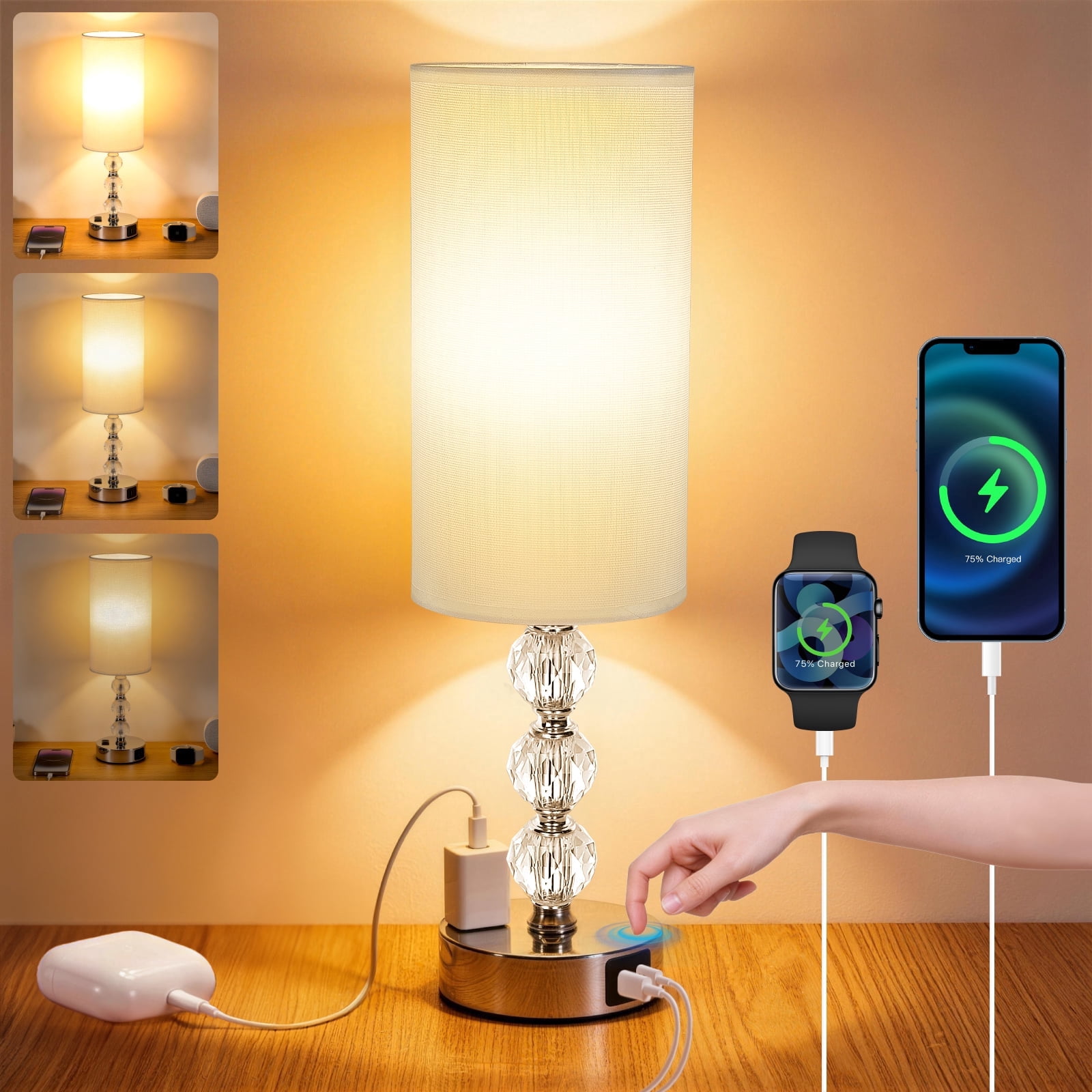 Crystal Table Lamps for Bedroom 17.9", 3 Way Dimmable Touch Control Bedside Lamp with USB C+A Fast Charging Ports, Nightstand Lamp for Office, Living Room, Reading(E26 Light Bulb Included), White