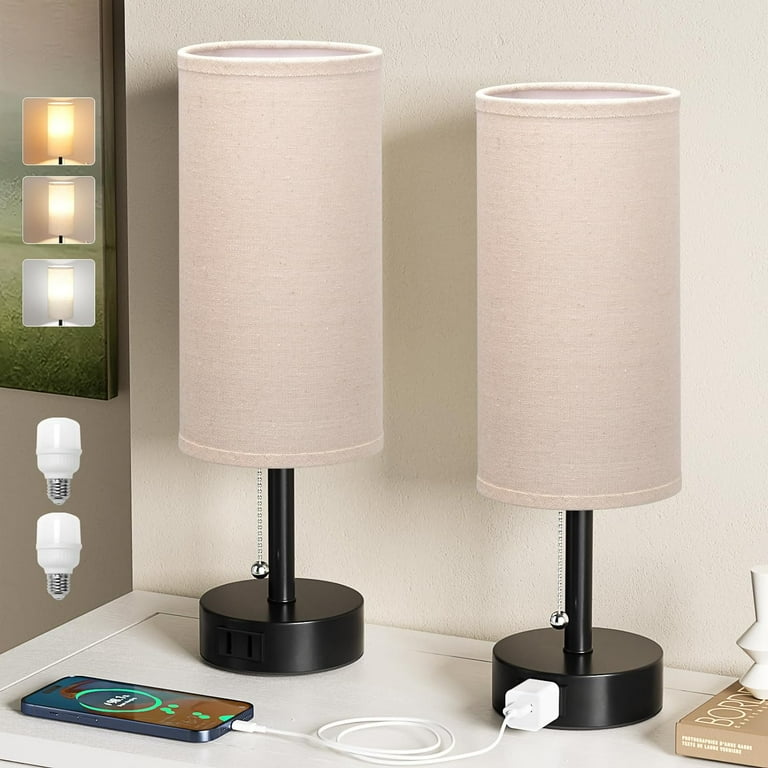 Bedside Table Lamps Set of 2 3 Color Temperatures Pull Chain Lamp with AC Outlet Charging Port Two Round Night Stand Lamps for Bedroom Guest Room Office Small Bed Side Light