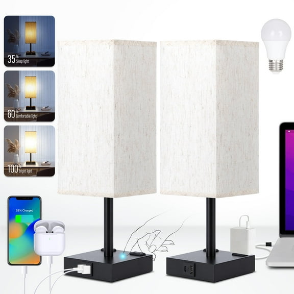 Bedside Table Lamps Set of 2 - Modern Dimmable Nightstand Lamps with USB Charging Ports & AC Outlets, Touch Control Desk Lamps for Bedroom, Living Room, Office (LED Bulb Included)