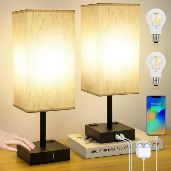 Bedside Table Lamps Set of 2 - Touch Nightstand Lamp for Bedroom with USB C+A Charging Ports & AC Outlets, 3-Way Dimmable Desk Lamp Flaxen Fabric Shade for Living Room Office(Bulb Included)