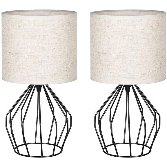 Bedside Table Lamps- Small Nightstand Lamp, Modern Style Black Hollowed Out Base with Linen Fabric Shade Lamps